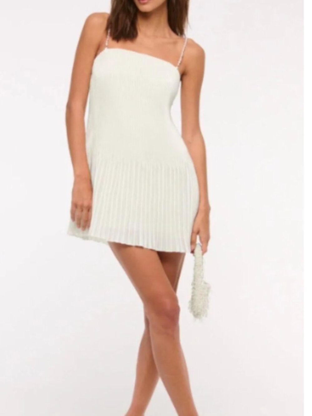 A&F Giselle Pleat White Pearl Strap Mini Dress Square Neck Adjustable - Picture 6 of 7